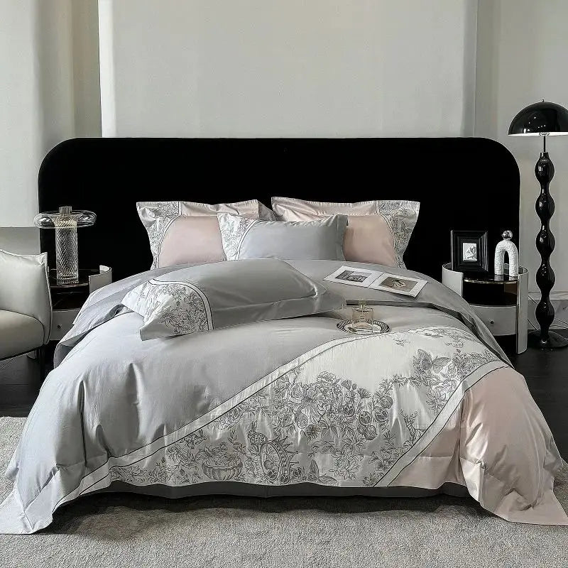 DecorBites™ Luxe Butterfly Flowers Embroidery Bedding Set with Duvet Cover Sheet Pillowcases 4Pcs
