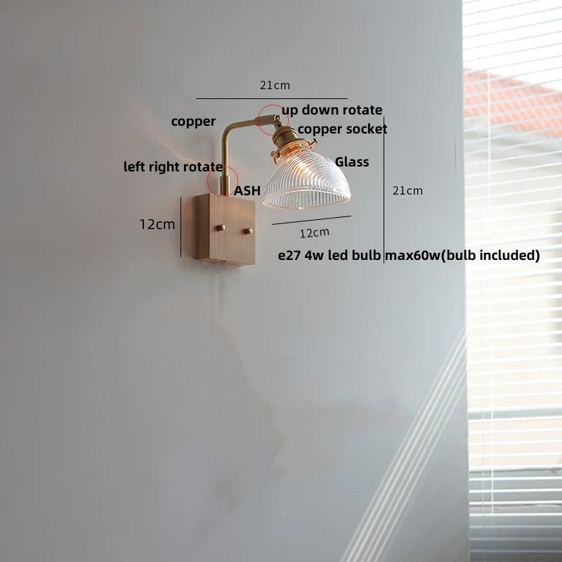DecorBites™ Brass Walnut Wood LED Wall Sconce with Pull Chain Switch & Flower Glass