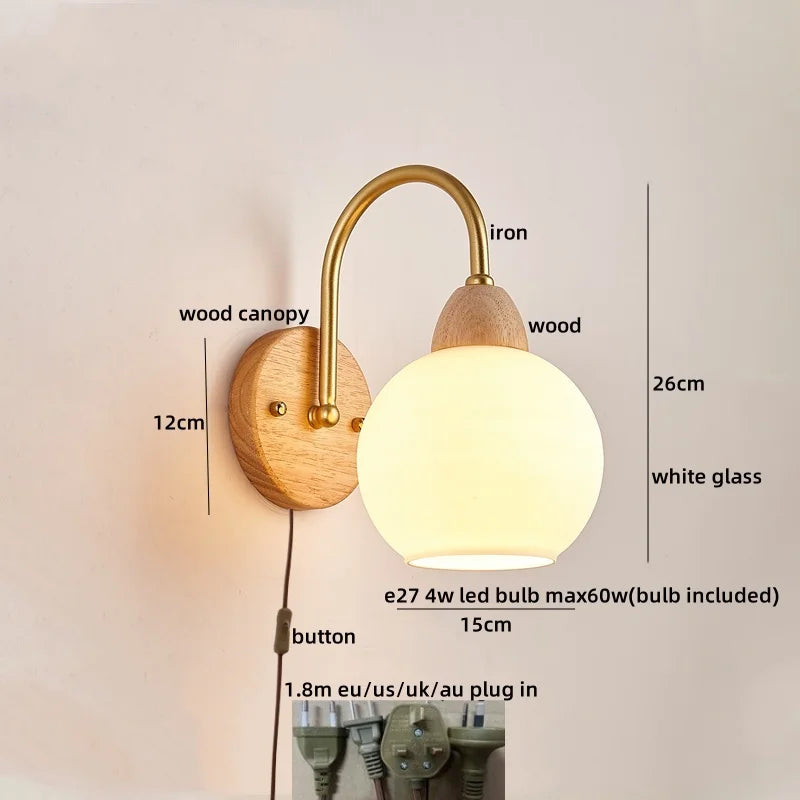 DecorBites™ LED Glass Iron Wood Wall Light Fixture Modern Nordic Bedside Lamp