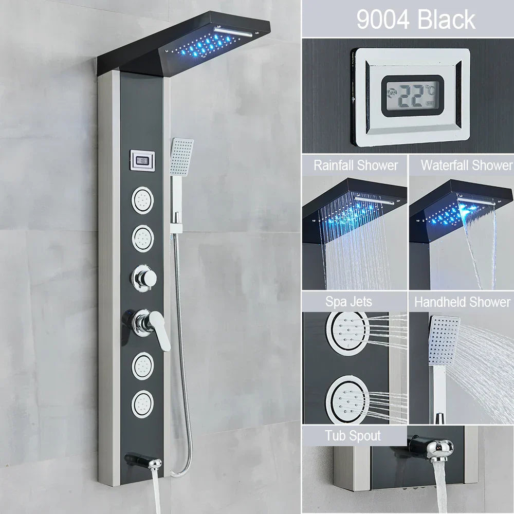 DecorBites™ Black LED Waterfall Rain Shower Panel Faucet Set with Massage Jets