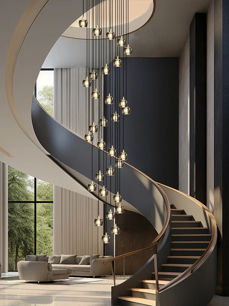 DecorBites™ Black & Gold Crystal Chandelier LED Pendant Light Fixture Loft Staircase Lighting