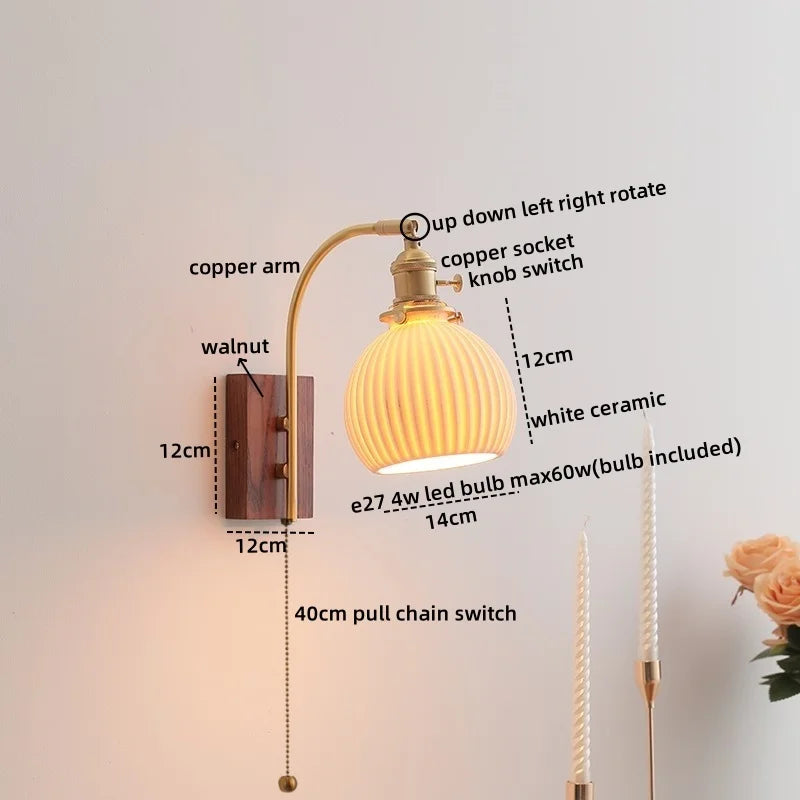 DecorBites™ Ceramic Walnut LED Wall Lights Modern Bedside Lamp - Knob Switch