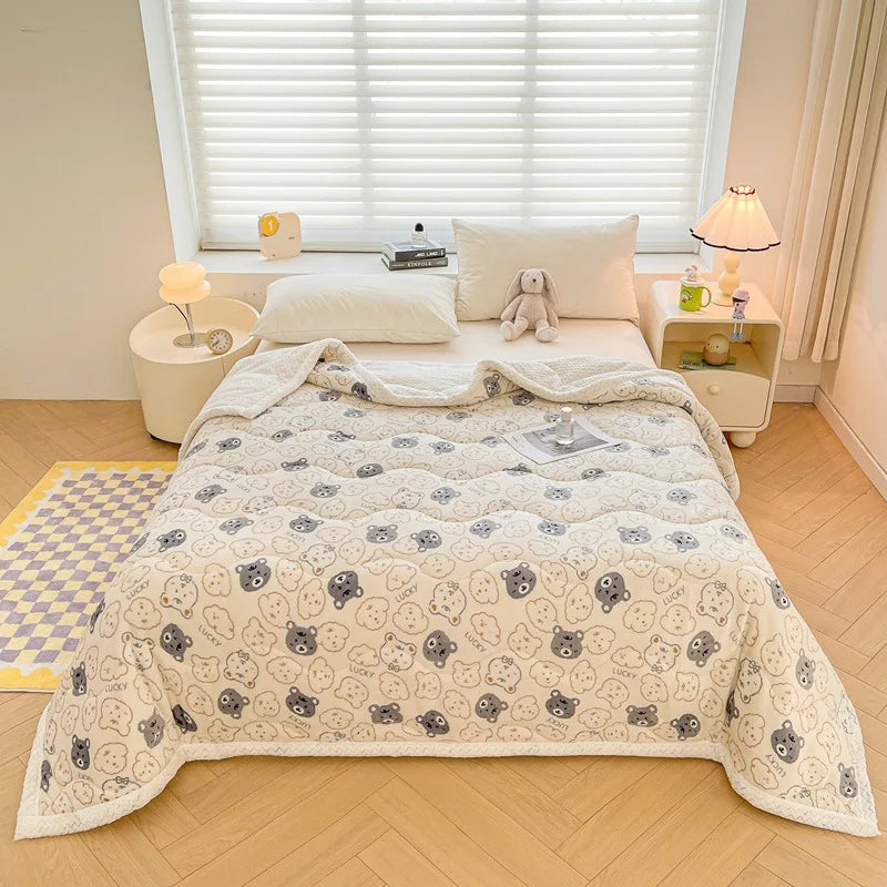 DecorBites™ Cartoon Print Three-Layer Velvet Blanket for Cozy Winter Bedding