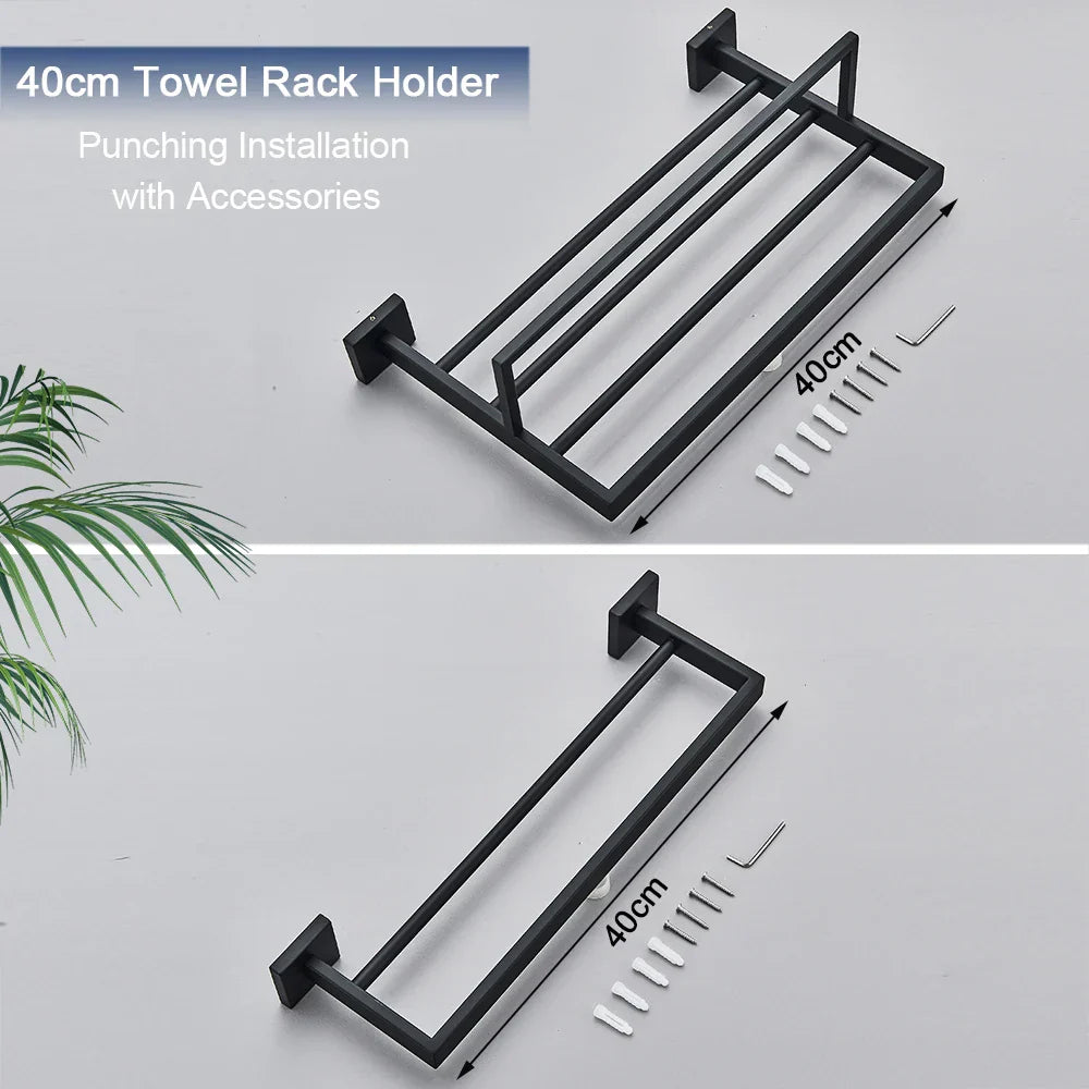 DecorBites™ Black Towel Rack Bar 40cm SUS304 Modern Gold Cloth Holder Wall Mounted