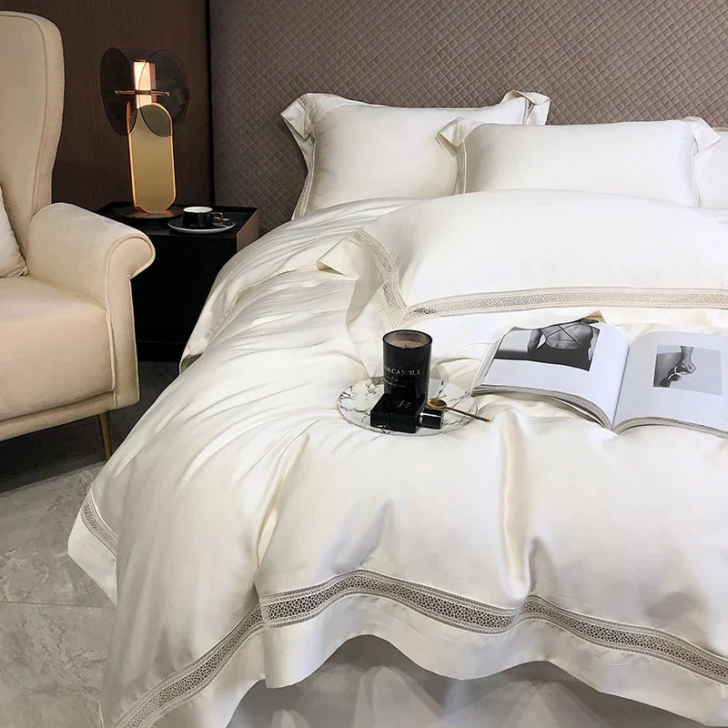 DecorBites™ Eucalyptus Lyocell Luxury Bedding Set in White Champagne Grey Pink