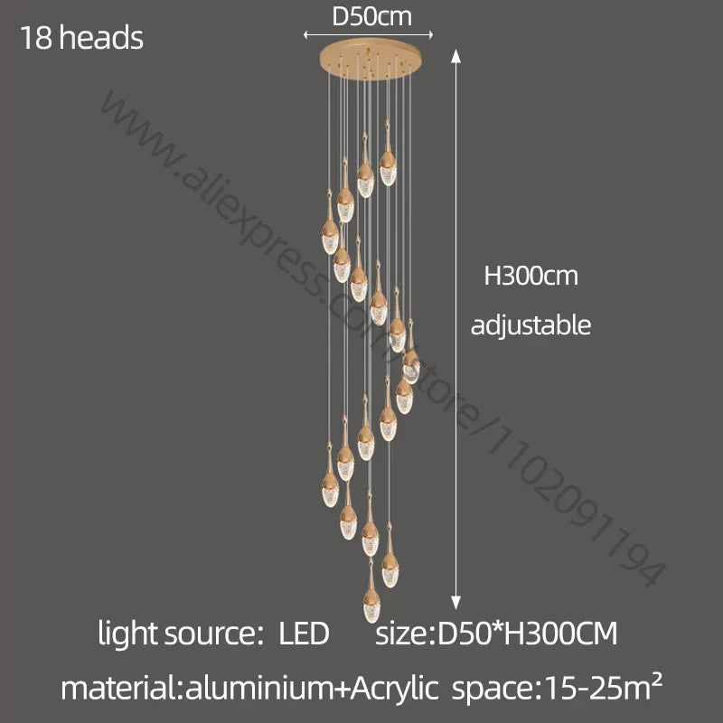 DecorBites™ Gold LED Staircase Chandelier | Luxury Large Living Room Pendant Lamp