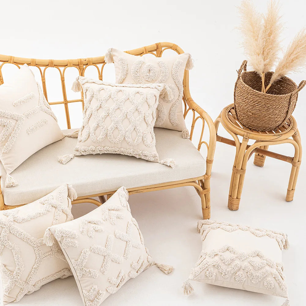 DecorBites™ Geometric Tufted Cushion Cover Beige Patchwork Pillow Covers Wabi-sabi Style
