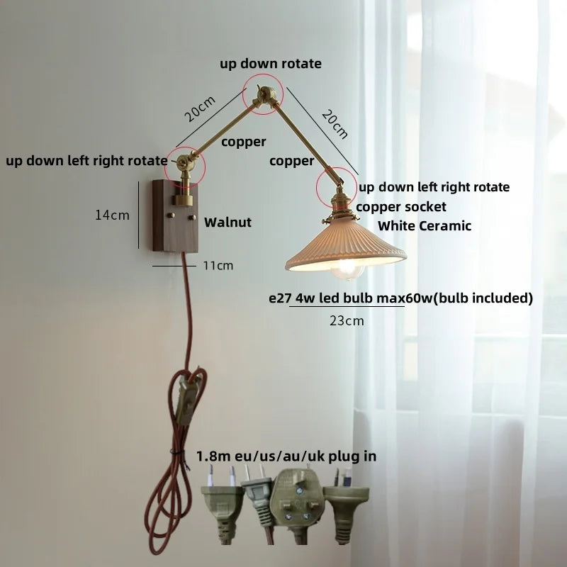 DecorBites™ Ceramic LED Wall Light Rotatable Walnut Bedside Lamp