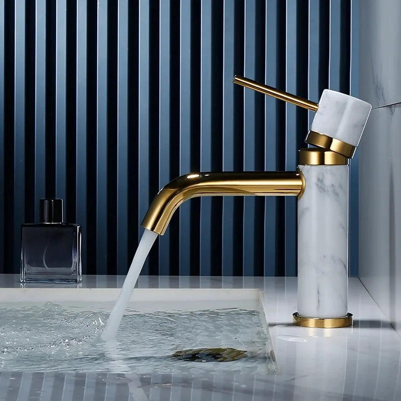 DecorBites™ Brushed Gold Bathroom Faucet with Swivel Spout and Marble Accents