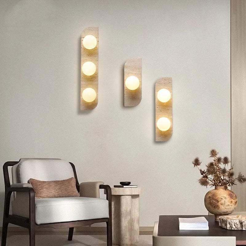 DecorBites™ LED Wall Lamp 2 Glass Ball White, Yellow Travertine Stone Indoor Light