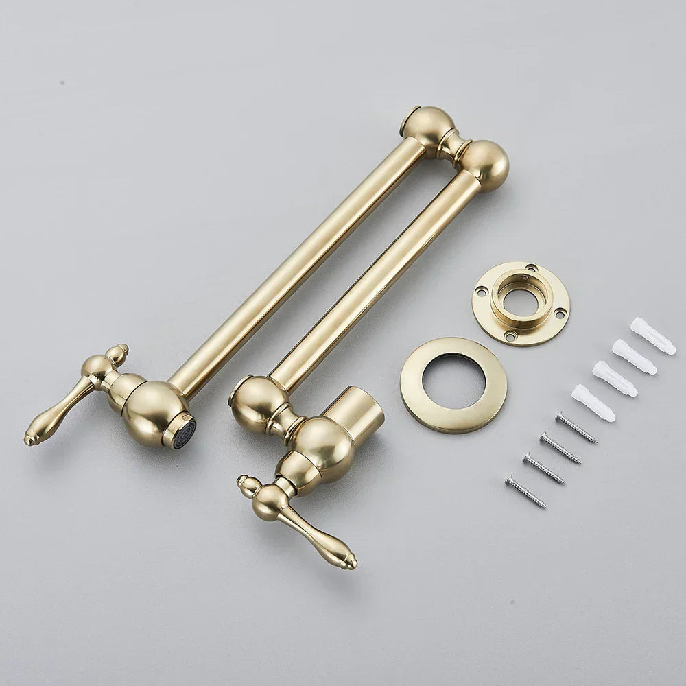 DecorBites™ Brushed Gold Brass Pot Filler Faucet with Folding Spout - Wall Mounted Kitchen Tap