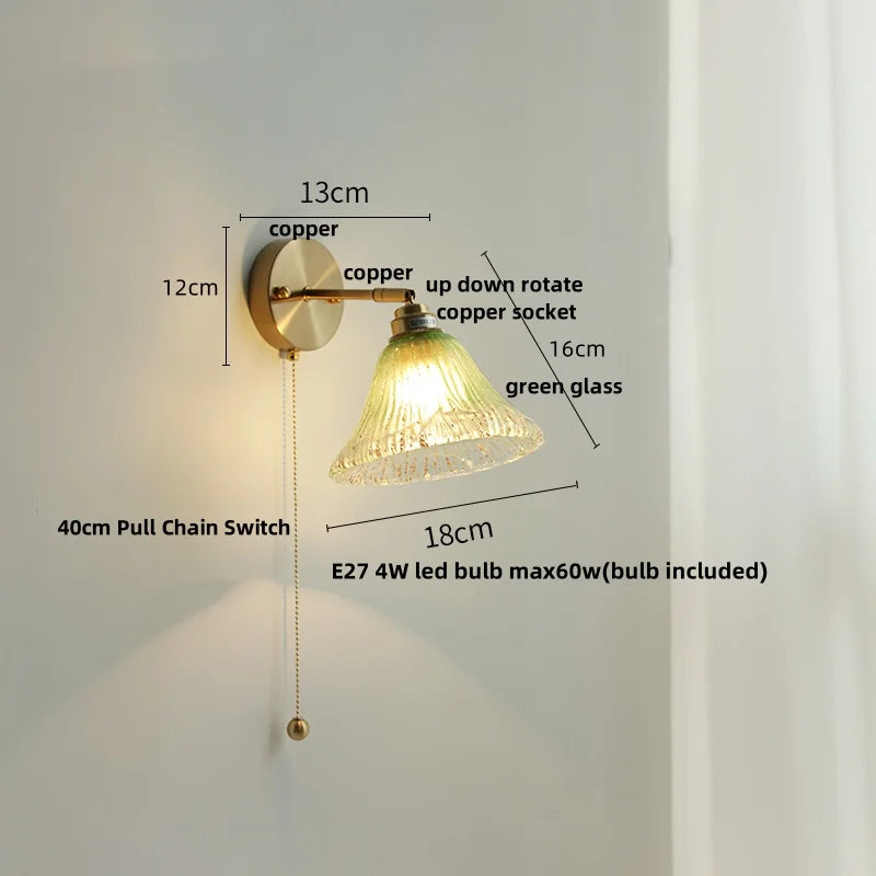 DecorBites™ Blue Glass Wall Sconce Pull Chain Switch Modern Stair Light