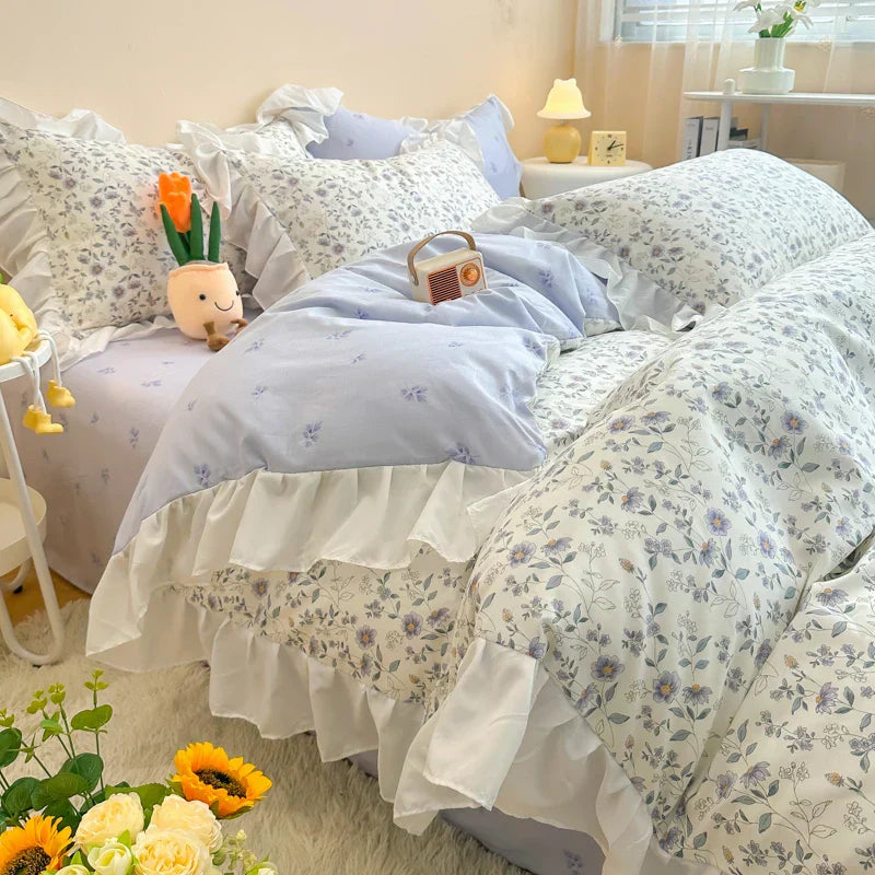 DecorBites™ Korean Princess Floral Ruffles Bedding Set: Single/Queen Duvet, Cover, & Pillowcases