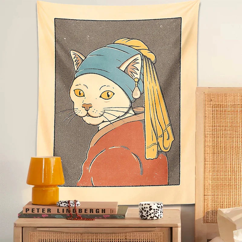 DecorBites™ Cat With Pearl Earring Metal Wall Hanging Tapestry Art