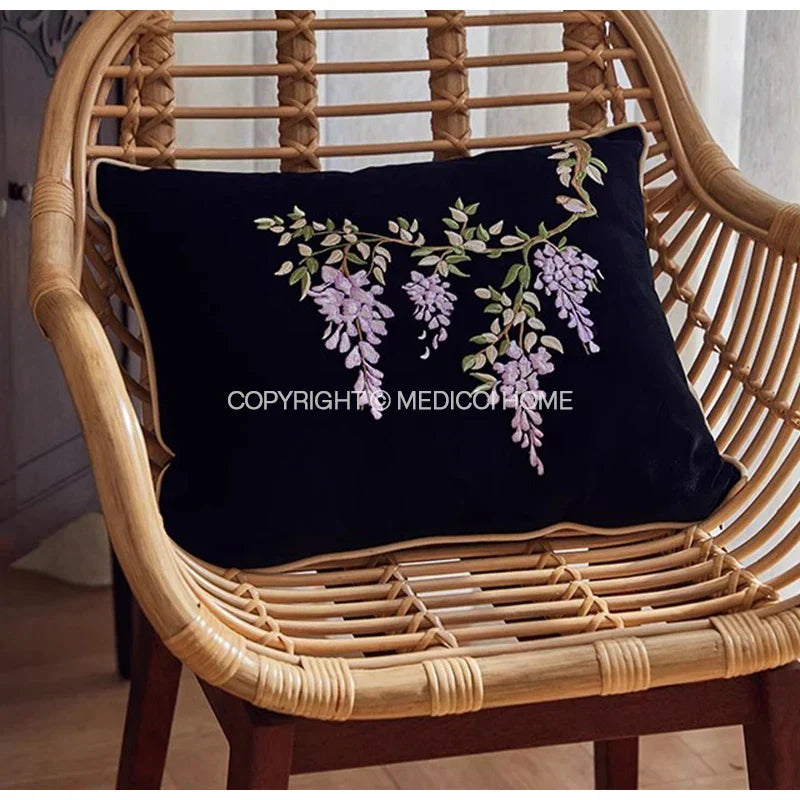 DecorBites™ Botanical Wisteria Embroidered Cushion Cover with Tassel