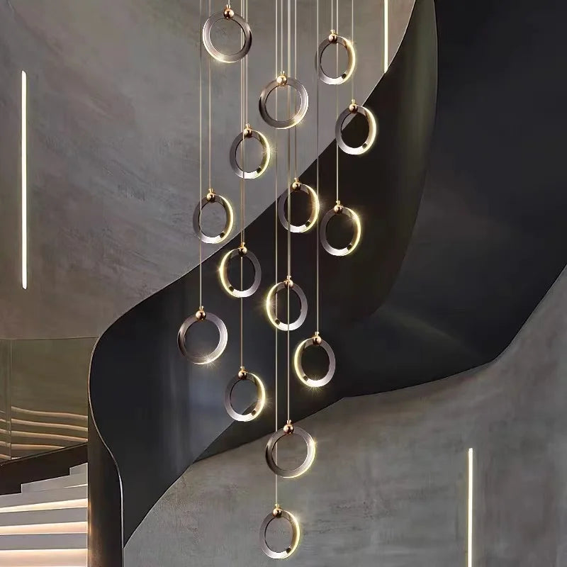 DecorBites™ Aluminum LED Chandelier Crystal Round Hanging Lamps Luxury Staircase Lighting Fixtures