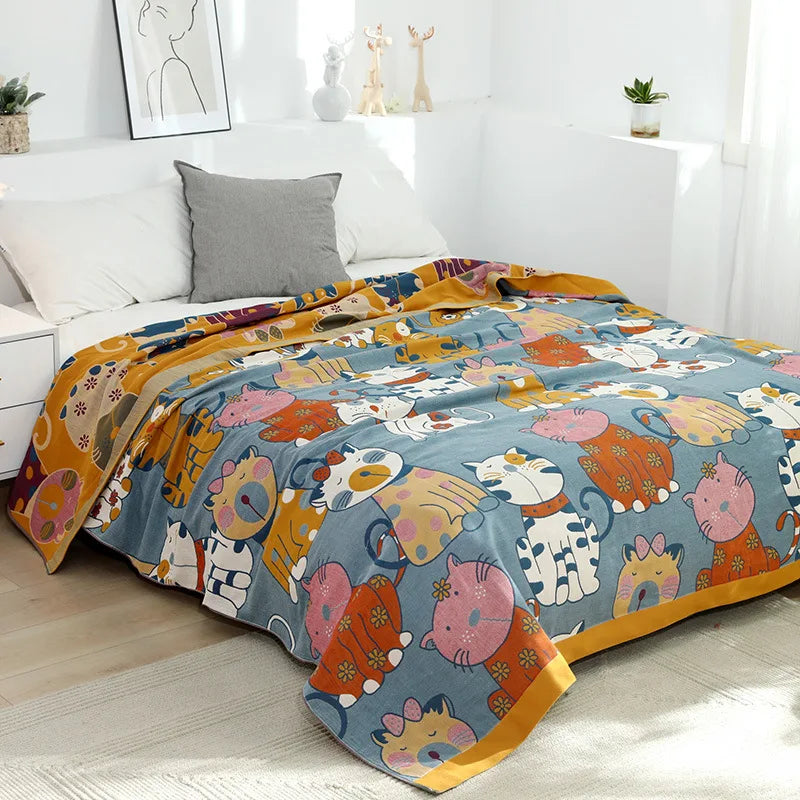 DecorBites™ Cat Cartoon Animal Pure Cotton Gauze Towel Blanket for Adults and Children