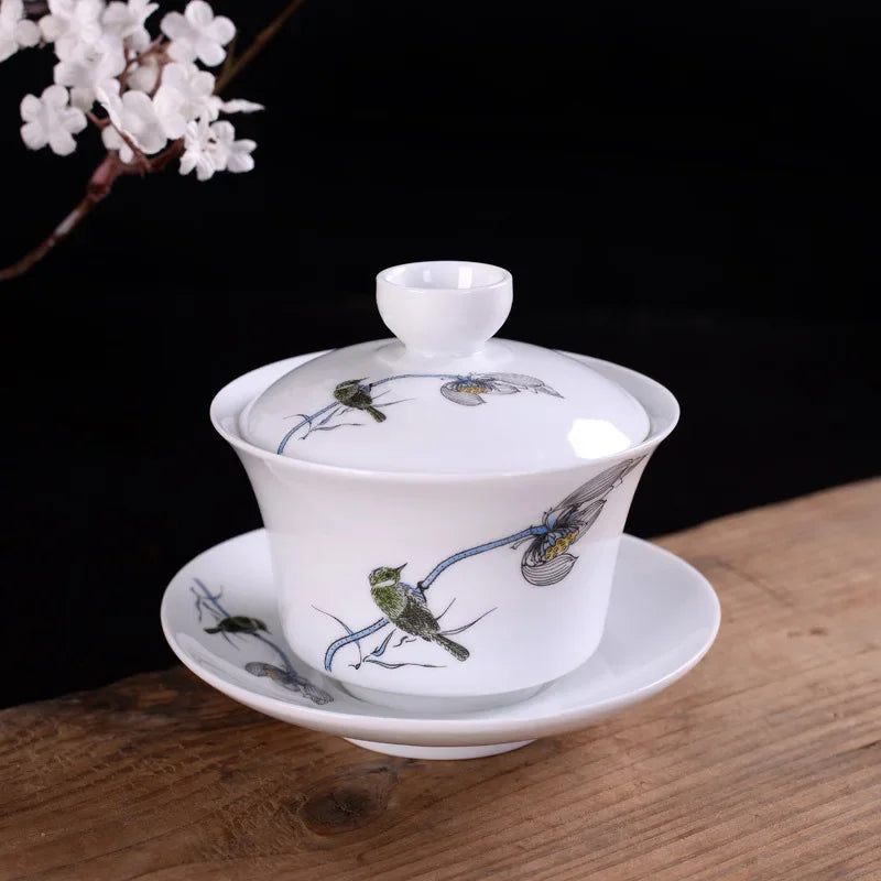 DecorBites™ Blue & White Porcelain Gaiwan Tea Set Puer Tea Cups Soup Bowl with Lid