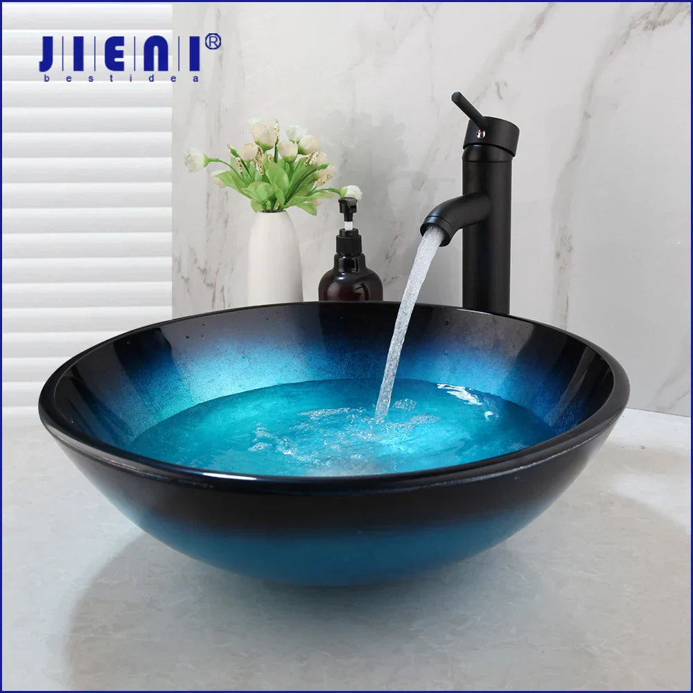 DecorBites™ Bule Glass Sink Set with Matte Black Mixer Faucet Tap and Pop Drain