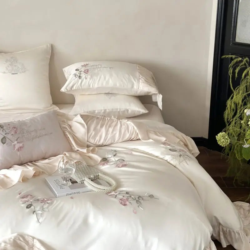 DecorBites™ Embroidered Lace Princess Bedding Set - 4 Piece Cotton Flowers Collection