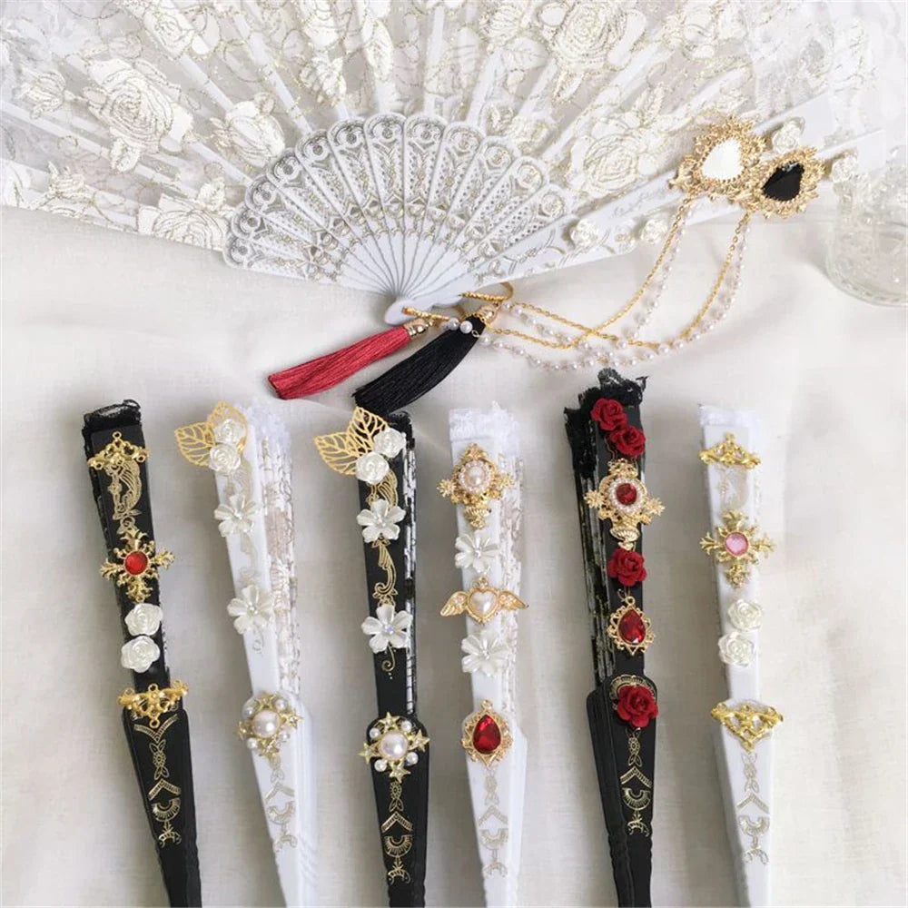 DecorBites™ Elegant Gemstone Handle Lace Fan for Dark Gothic Court Party