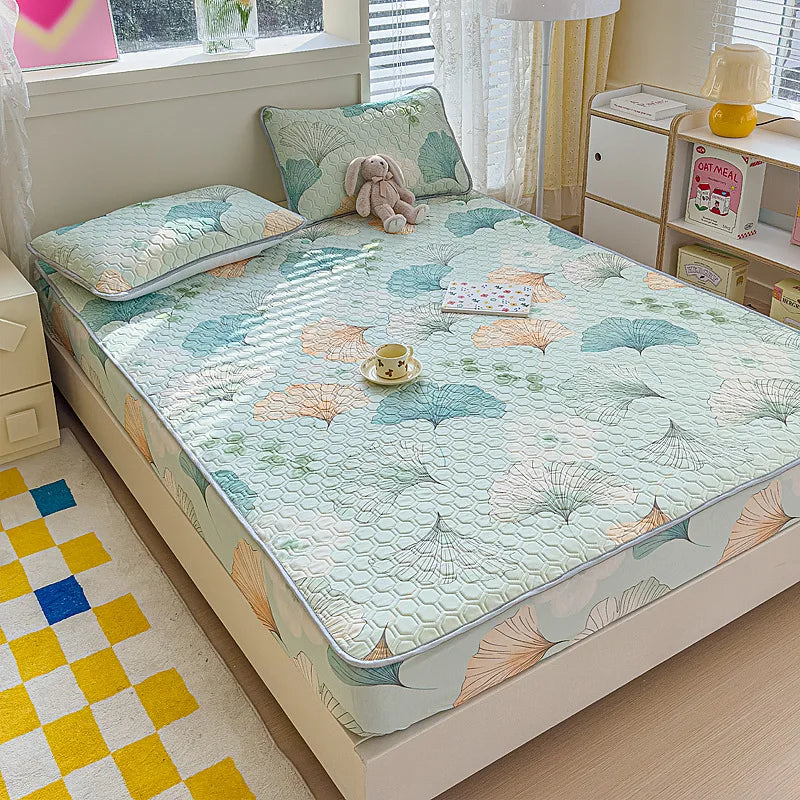 DecorBites™ Cool Silk Latex Fitted Sheet Set with Pillowcases, Summer Ice Silk, Single Double Bed