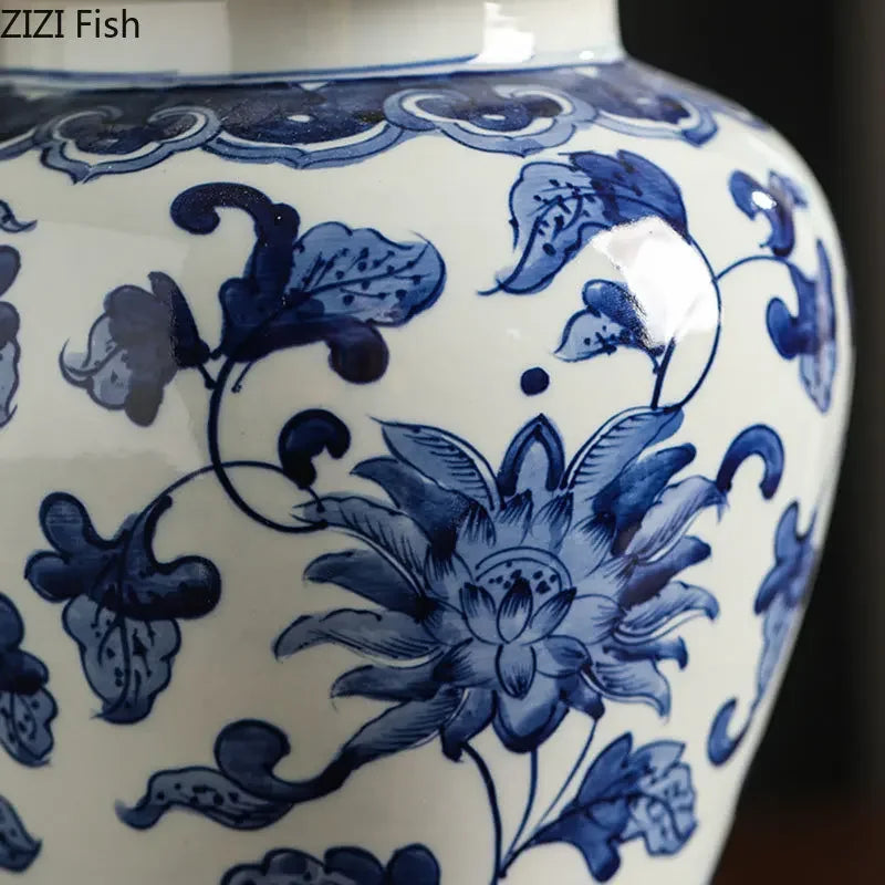 DecorBites™ Blue White Porcelain Bird Flower Jar Tea Canister Vase Desk Decor