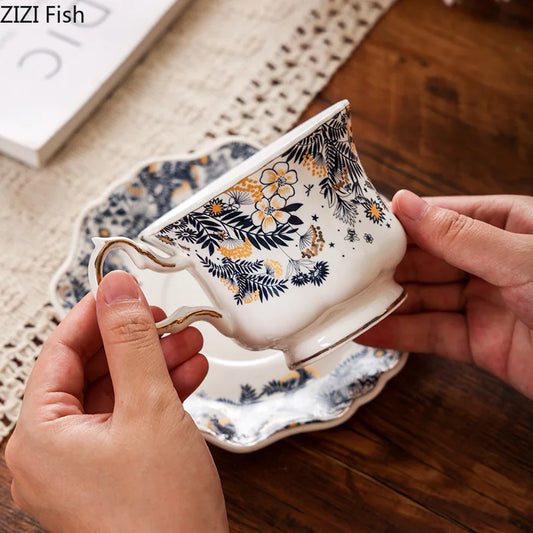 DecorBites™ Blue & White Porcelain Classic Coffee Mug Set Gold Rim Tea Cup Saucer