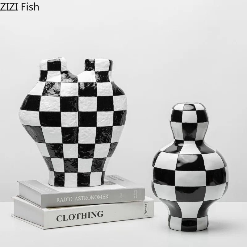 DecorBites™ Black White Check Vase Modern Crafts Room Decor Irregular Shaped Desk Decoration