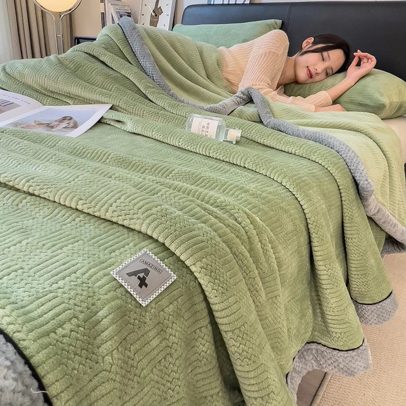 DecorBites™ Cozy Jacquard Plush Blanket - Soft Coral Fleece - All-Season - European Solid Stripes
