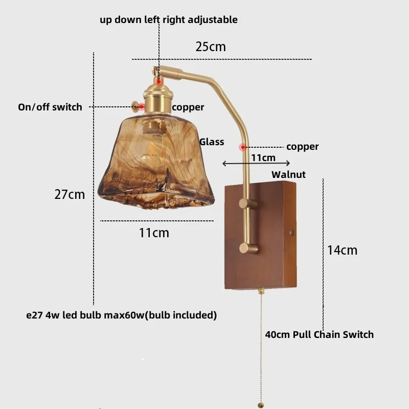 DecorBites™ LED Glass & Wood Wall Lamp with Pull Chain Switch for Living Room, Bedroom, Bathroom