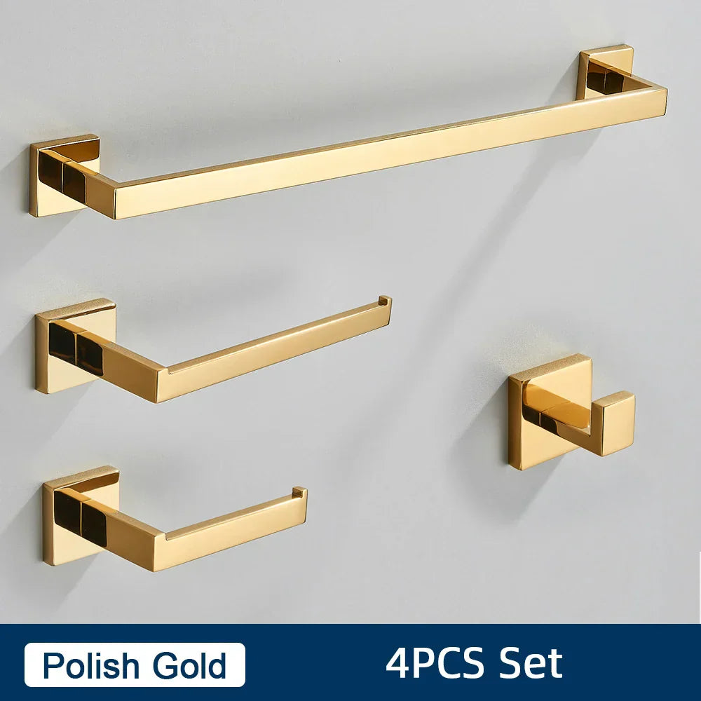 DecorBites™ Black Stainless Steel Bathroom Accessories Set: Towel Bar, Paper Holder, Hook & Bath Rack