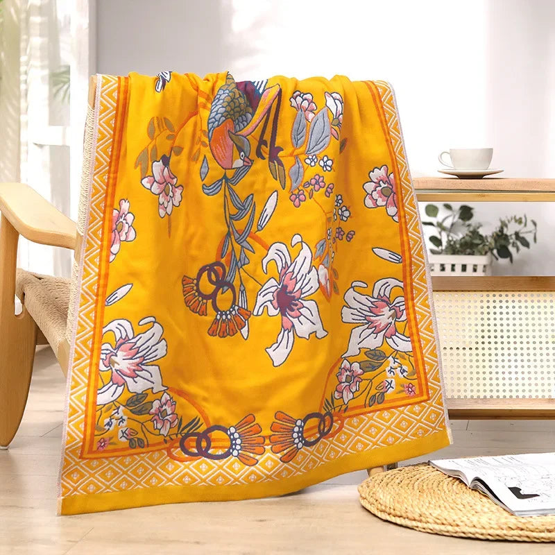 DecorBites™ 100% Cotton Large Bath Towel 80x160cm - Absorbent, Quick-Drying, Four Seasons, Flowers and Bird Design