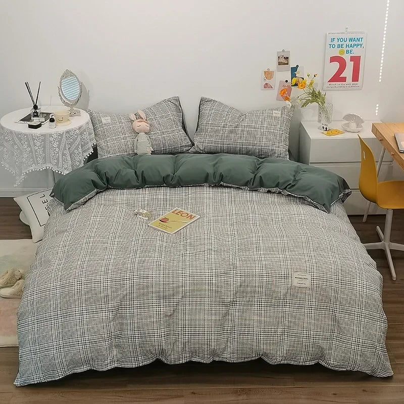 DecorBites™ Japanese Grid Print Bedding Set for All Seasons, Queen/King Size Quilt Cover