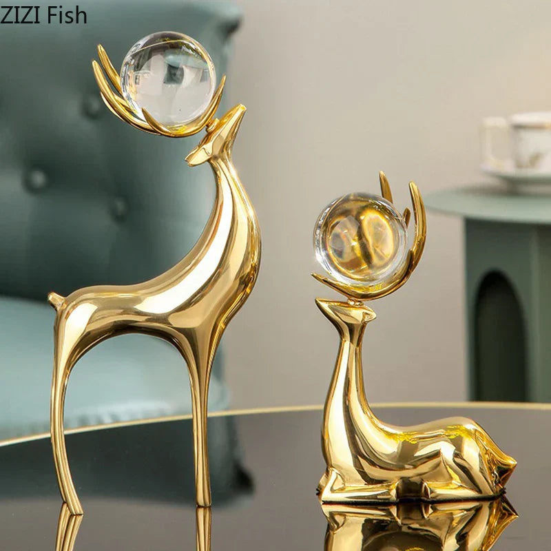 DecorBites™ Brass Deer Statue Desk Ornament - Golden Deer Sculpture for Room Decor