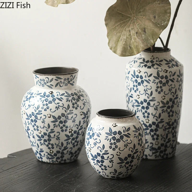 DecorBites™ Blue White Porcelain Vase Hydroponic Ceramic Flower Pot Room Decor