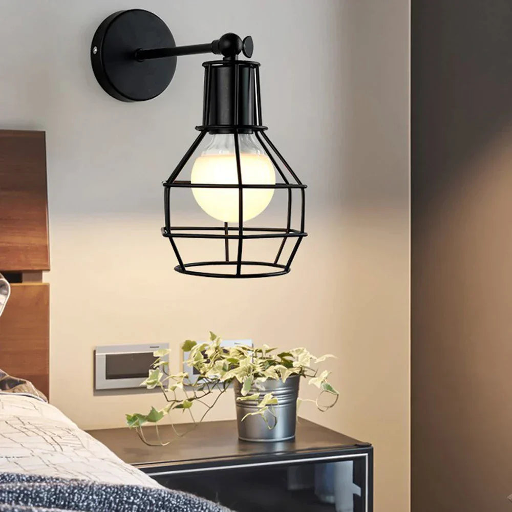 DecorBites™ Black Iron Cage Wall Lamp: Retro Indoor Sconce for Bedroom, Bar, and Reading