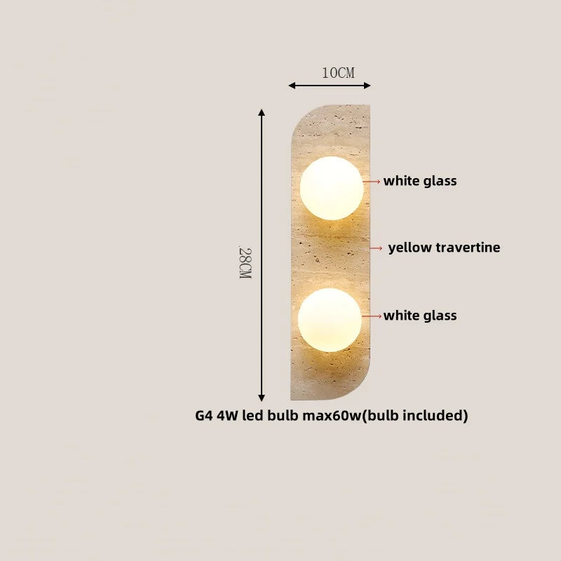 DecorBites™ LED Wall Lamp 2 Glass Ball White, Yellow Travertine Stone Indoor Light