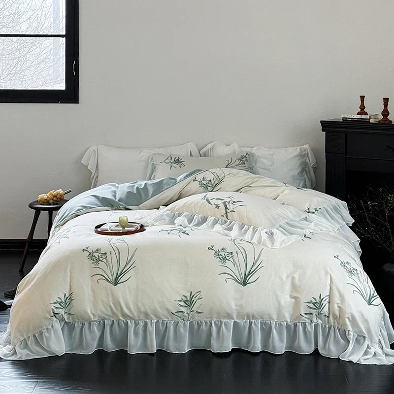 DecorBites™ Lace Ruffles Princess Cotton Bedding Set, Floral Quilt Cover, Girls Wedding Home Textiles