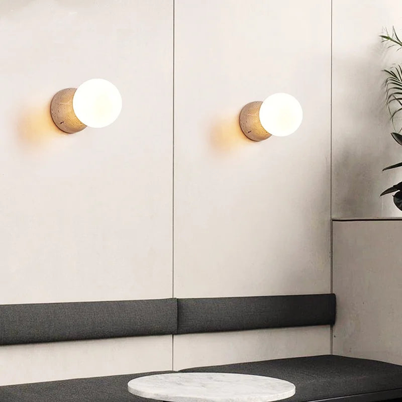 DecorBites™ Yellow Travertine LED Wall Sconce with Nordic Modern Glass Design