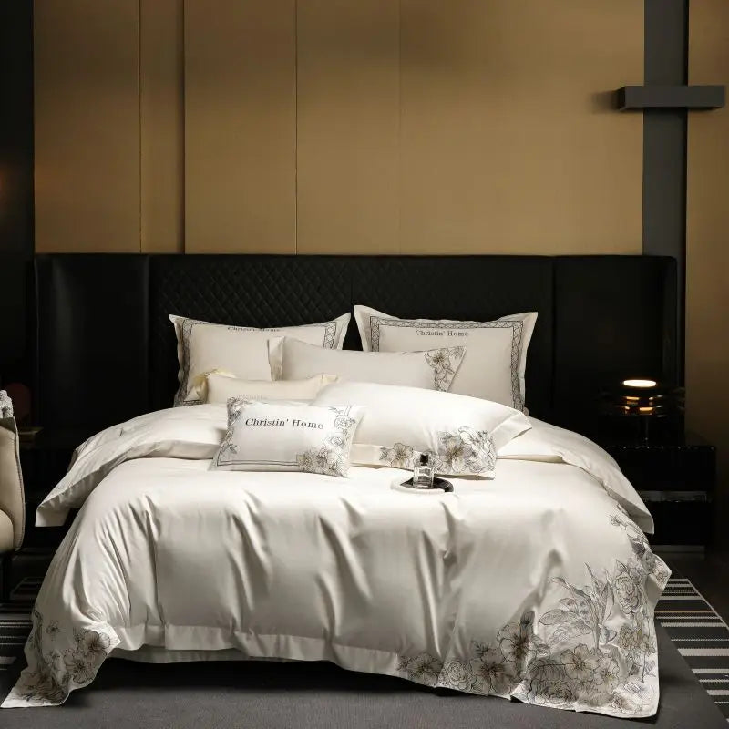 DecorBites™ Luxe Embroidered Cotton Bedding Set: Duvet Cover, Pillowcases, Flat Sheet