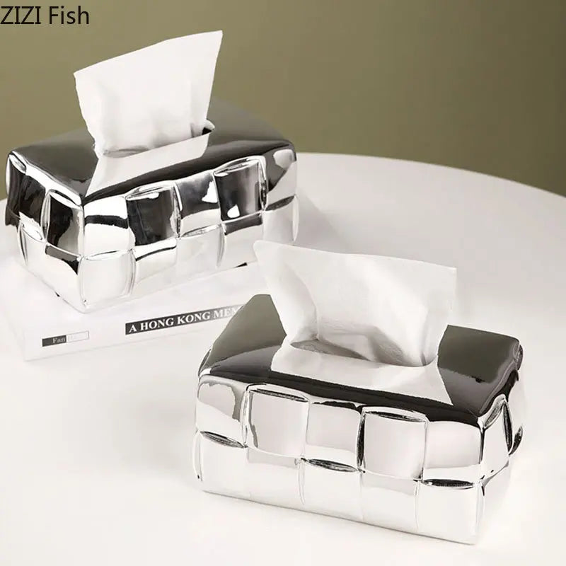 DecorBites™ Geometric Grain Silver Check Tissue Box Holder & Desktop Organizer