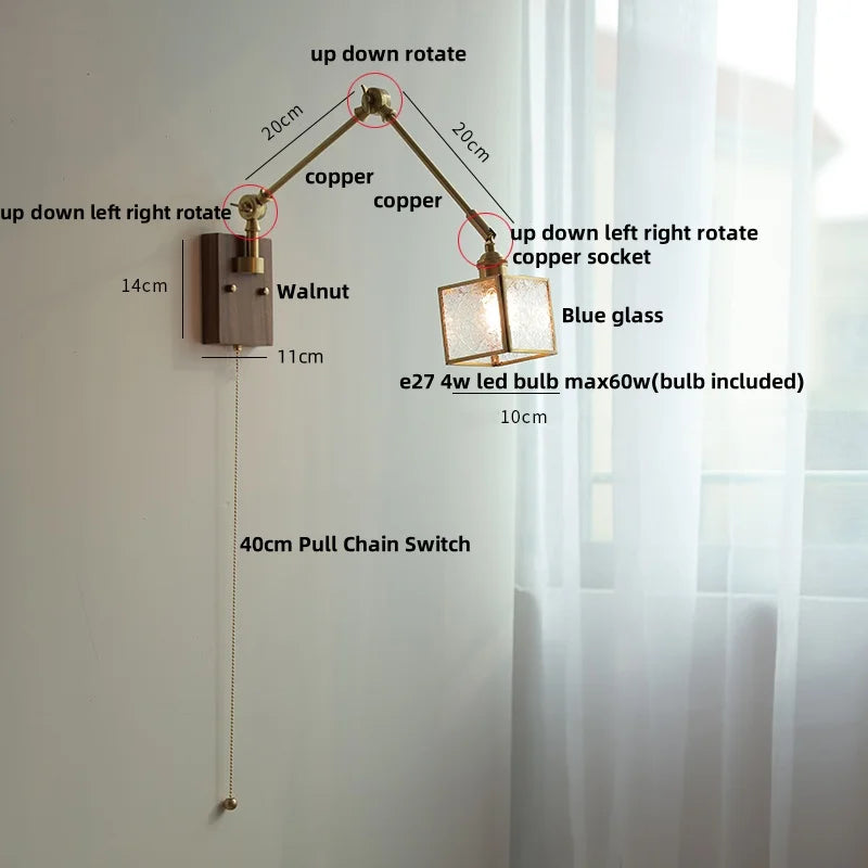 DecorBites™ Ash Wood LED Wall Lights Swing Arms Blue Glass Bedside Lamp
