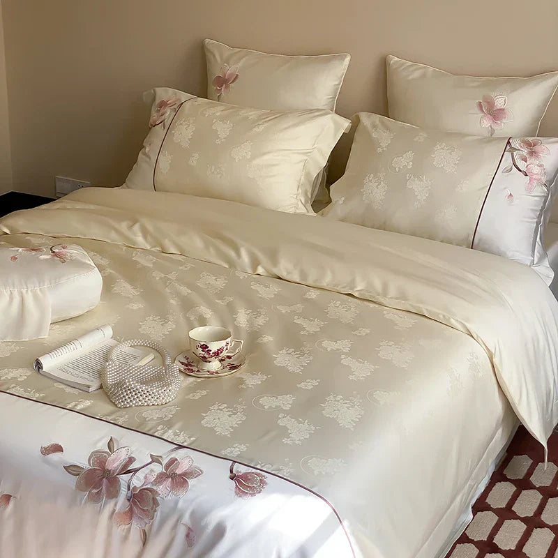 DecorBites™ Chinese Floral Embroidery Lyocell Cotton Bedding Set with Silky Softness