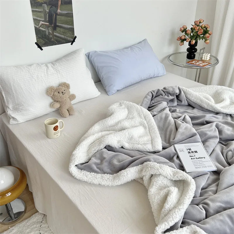 DecorBites™ Cozy Lamb Wool Blanket: High-Quality Warm Velvet Quilt for All Seasons.