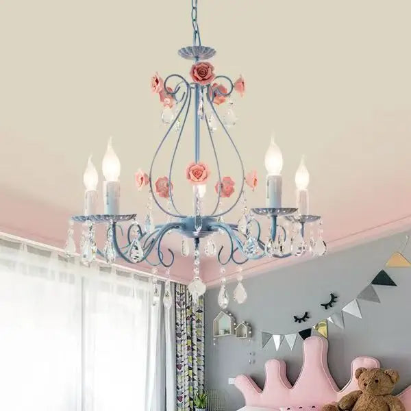 DecorBites™ Blue Crystal Bouquet Chandelier for Princess Girl Bedroom - Romantic Children's Flowers Pendant Lights