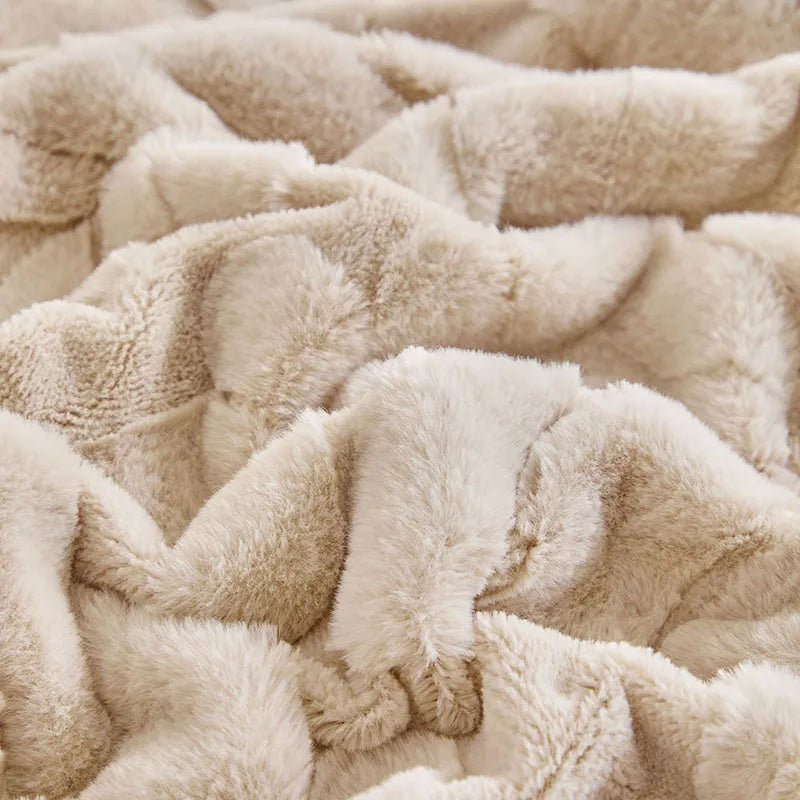 DecorBites™ Banana Leaf Jacquard Faux Rabbit Fur Double Layer Lamb Bedspread
