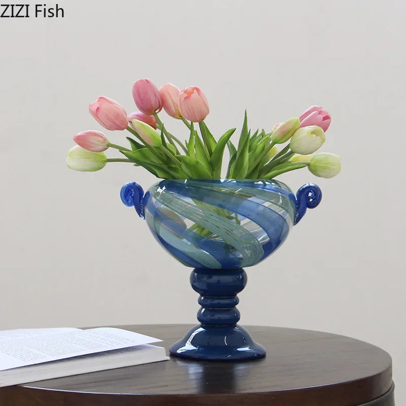 DecorBites™ Blue Stripe Glass Vase Hydroponics Plant Pot Room Decor