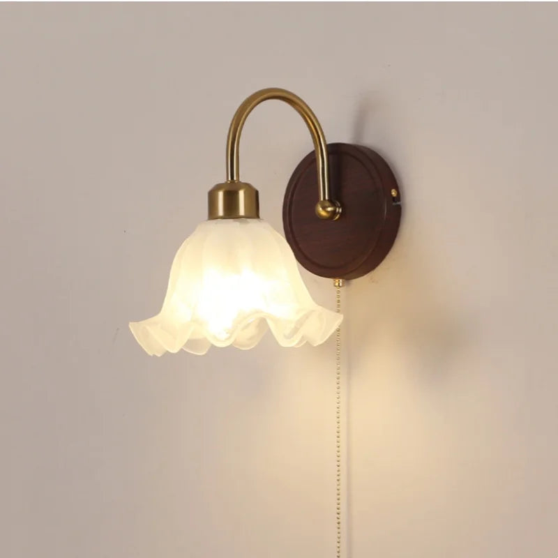 DecorBites™ LED Wall Light Glass Fixture Pull Chain Switch Wood Bedside Sconce