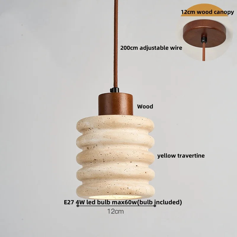 DecorBites™ LED Pendant Light: Japanese Style, Yellow Travertine Wood, Adjustable Hanging Lamp